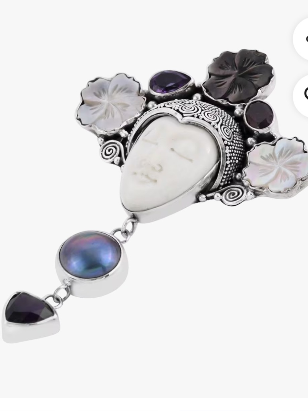 Goddess Carved Bone and Multi Gemstone Pendant in Sterling Silver